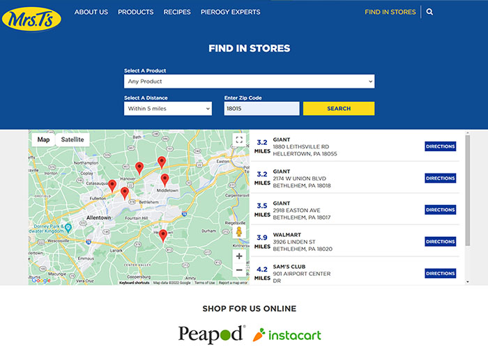 Mrs. T's Pierogies store finder page